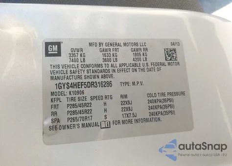 2013 Cadillac Escalade Esv Luxury from USA, damaged, VIN 1GYS4HEF5DR316286